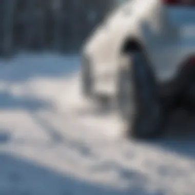 Snow Tires in Action: Enhanced Traction A vehicle equipped with snow tires on a snowy road