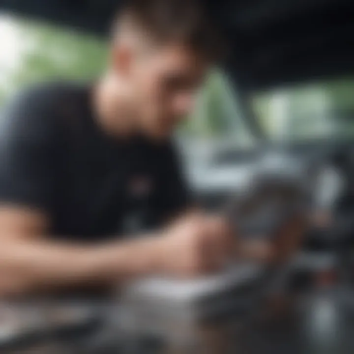 An individual studying a Haynes manual while working on a vehicle