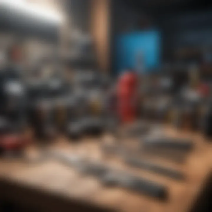 Professional-grade detailing tools laid out on a workbench