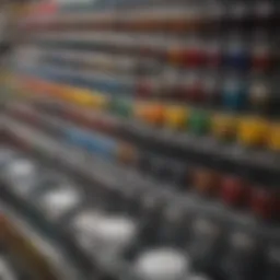 A close-up of various auto paint samples displayed in a showroom.