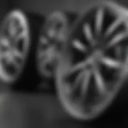 A diverse selection of auto rims displayed in a shop setting.