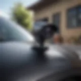 A close-up view of a battery powered car security camera mounted on a vehicle.