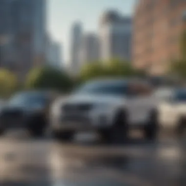 Diverse all-wheel drive SUVs parked in an urban environment