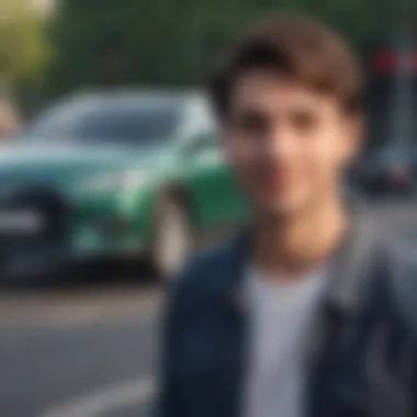 Young driver smiling next to their car