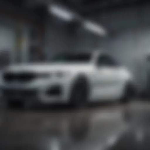 A BMW vehicle in a well-equipped garage undergoing inspection