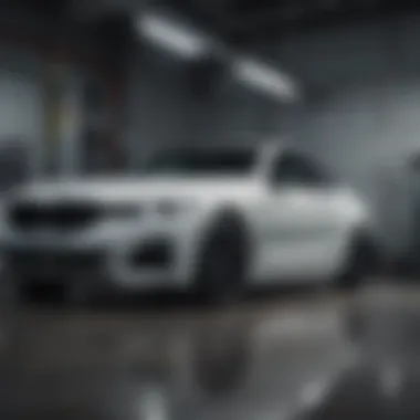 Comprehensive Inspection of a BMW Vehicle A BMW vehicle in a well-equipped garage undergoing inspection