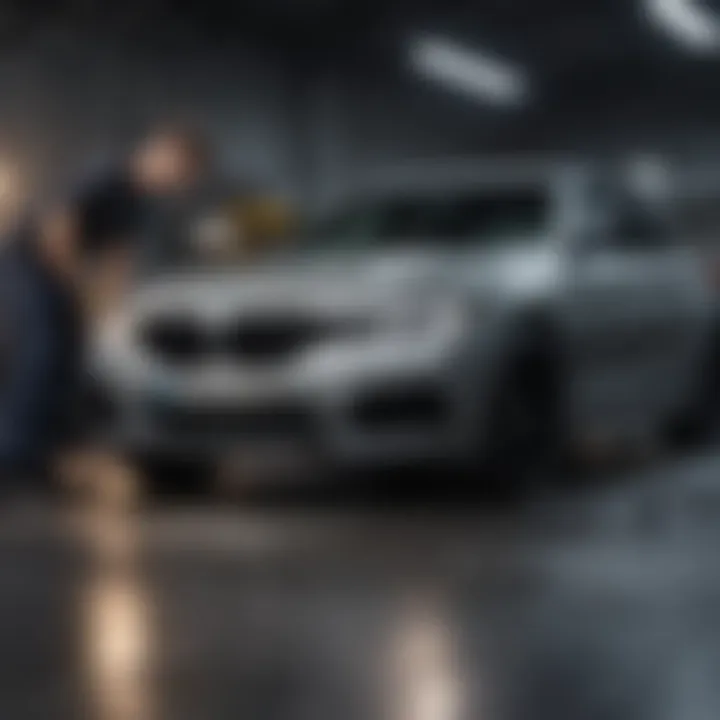 A mechanic performing routine maintenance on a BMW