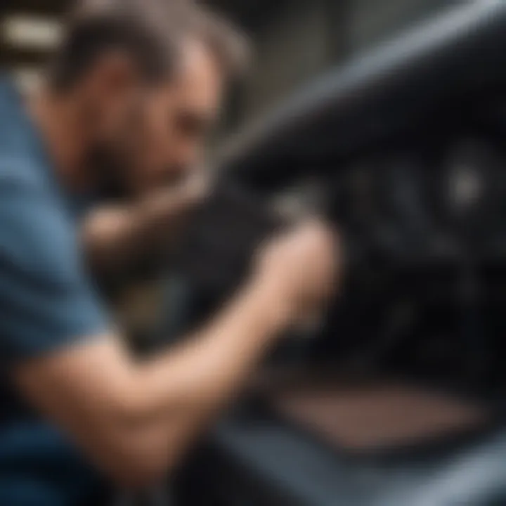 A mechanic inspecting a vehicle's cabin air filter during routine maintenance.