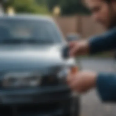 Two individuals exchanging a car key and title outdoors