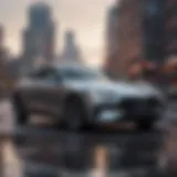 Sleek compact car parked with a city skyline in the background