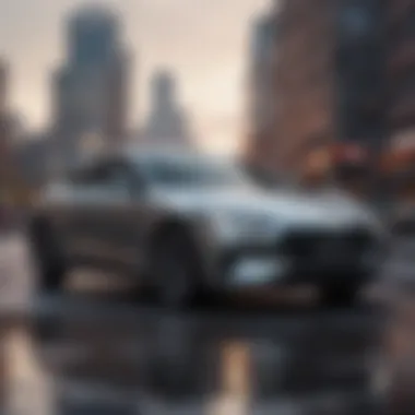 Sleek compact car parked with a city skyline in the background