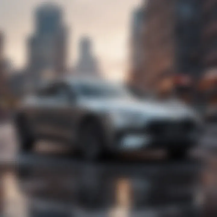 Sleek compact car parked with a city skyline in the background
