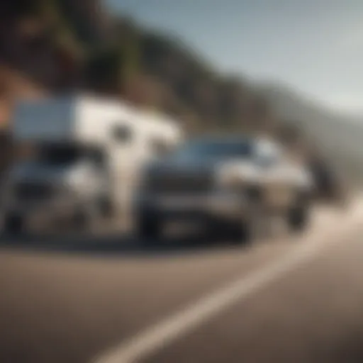 Chevy truck towing a heavy trailer on a scenic highway