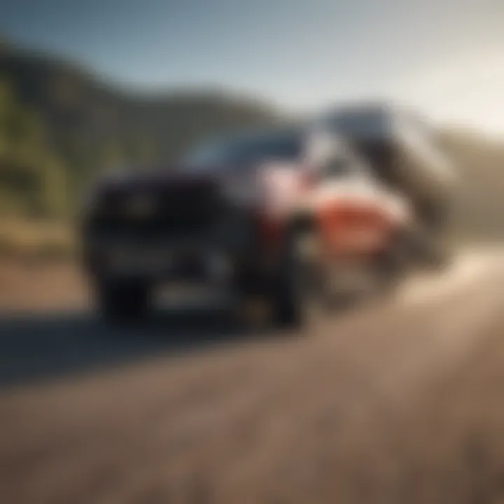 Chevy truck navigating rugged terrain while towing a boat