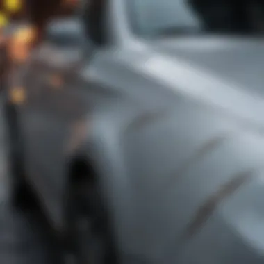 Close-up view of a deep scratch on a car's surface