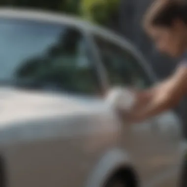 Applying Foam Cleaner to Vehicle Exterior Close-up of a person carefully applying a foam cleaner to a vehicle's exterior.