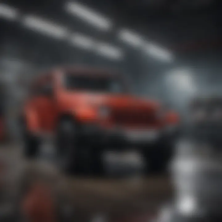 Interior view of a red Jeep highlighting its features.