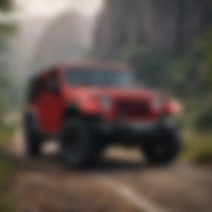 A red Jeep parked in a scenic outdoor location.