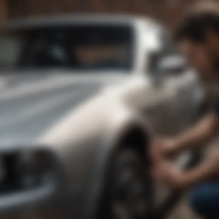 A person applying a scratch repair product on a vehicle