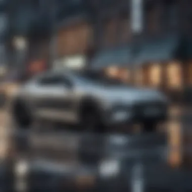 A sleek car parked in a modern urban environment
