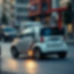 Compact car driving through urban streets