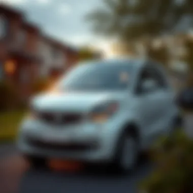 Small Car in Suburban Neighborhood Small car parked in a suburban neighborhood