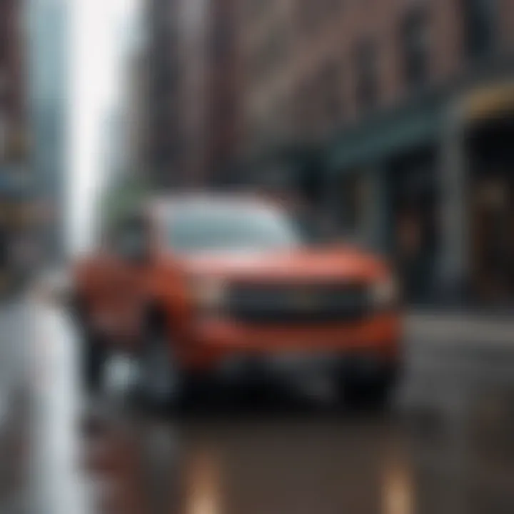 Chevy truck parked on a city street, showcasing its maneuverability with all-wheel steering.