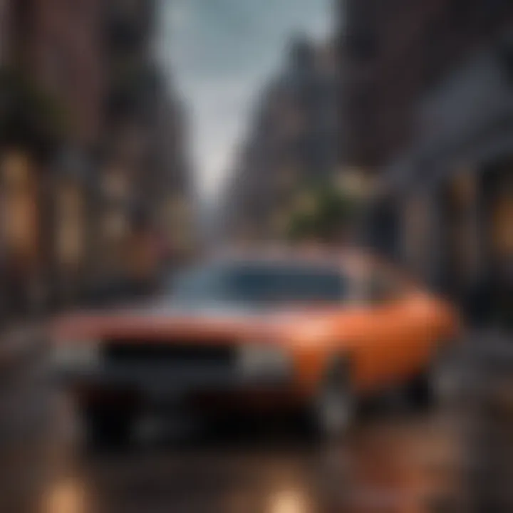 Dodge Challenger parked in an urban setting, emphasizing its color.