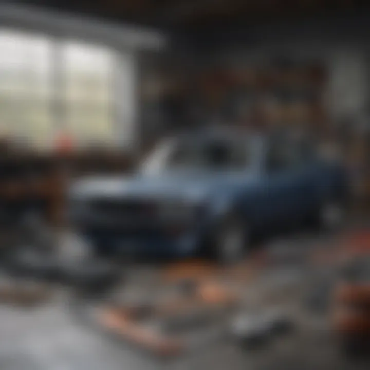 A garage filled with various tools and parts for car modification projects