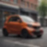 A sleek smart car parked in an urban environment showcasing its compact design.