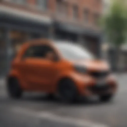 A sleek smart car parked in an urban environment showcasing its compact design.