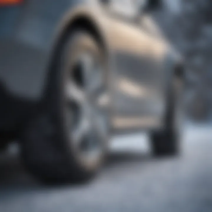 Close-up of a Mercedes vehicle fitted with premium snow tires on a snowy road.
