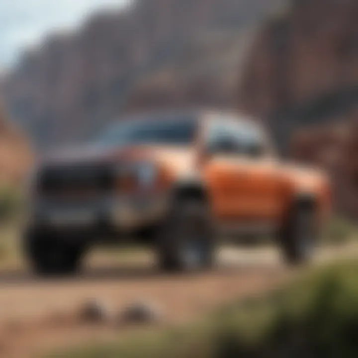 A well-maintained pickup truck parked in a rugged landscape