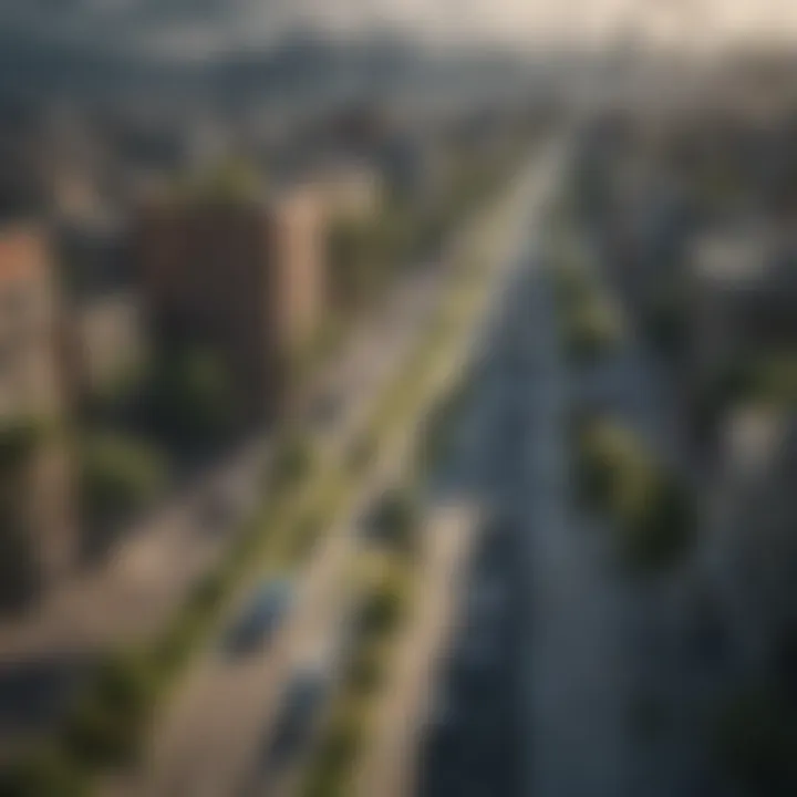 Aerial view of a city with integrated green spaces and electric vehicles