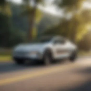 Side profile of an electric vehicle in motion on a scenic road