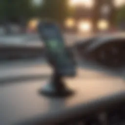 Close-up view of a magnetic base phone mount attached to a car dashboard