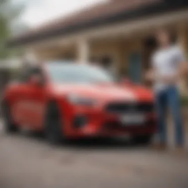 Happy buyer standing next to a recently purchased used car