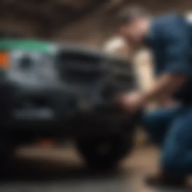 A mechanic inspecting the engine of an SUV