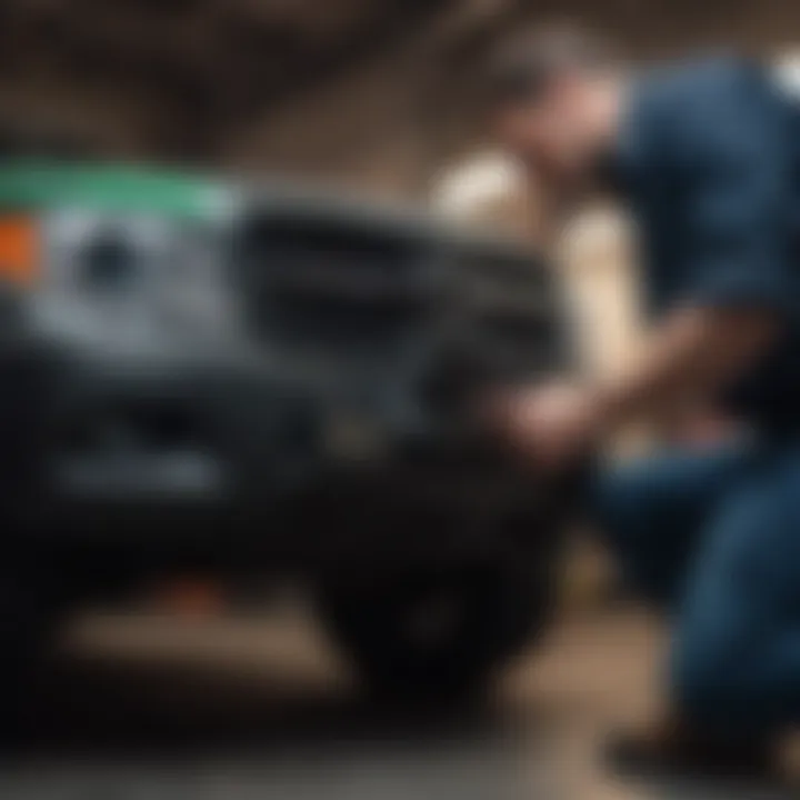 A mechanic inspecting the engine of an SUV