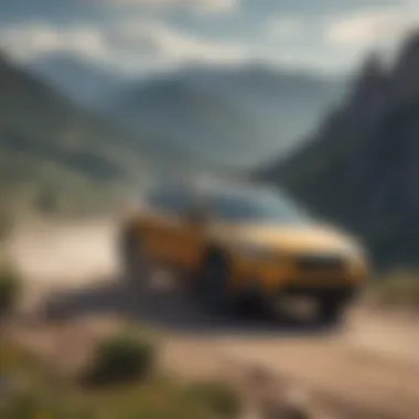 Dynamic driving scene featuring Subaru Crosstrek in a mountainous terrain