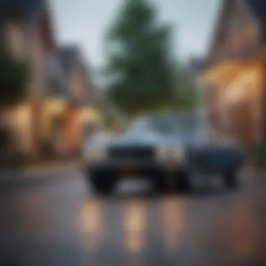 A scenic neighborhood with a parked car and a 'For Sale' sign.