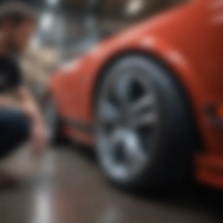A satisfied customer admiring their newly purchased auto rims.