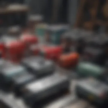 Different types of auto batteries displayed on a workbench