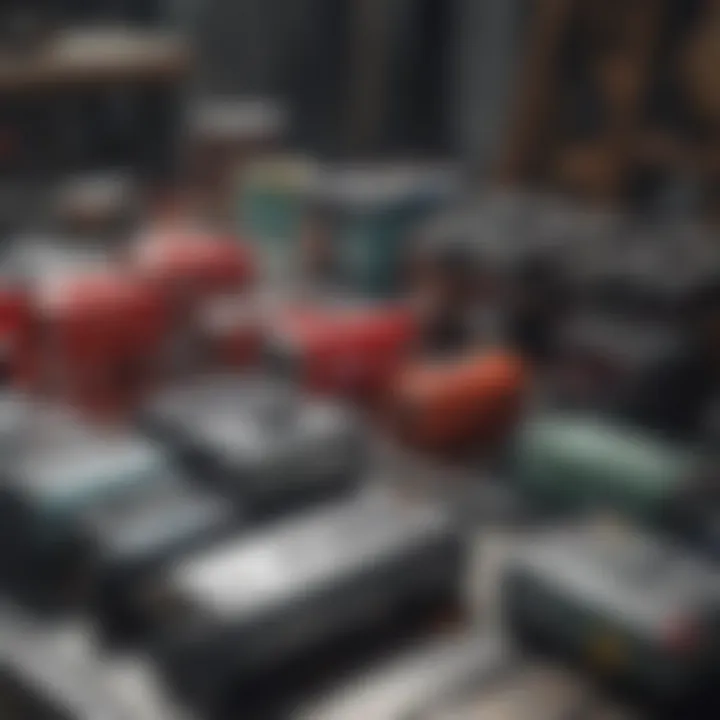 Different types of auto batteries displayed on a workbench