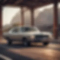 A sleek car parked near a border crossing between Mexico and the USA.