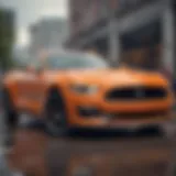 Exterior view of the 2017 Orange Mustang showcasing its sleek lines.