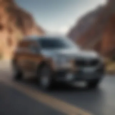 Performance and Style on the Open Road A dynamic view of a luxury third-row SUV navigating a scenic route