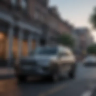 Sophisticated Design in an Urban Landscape An elegant third-row SUV parked in an upscale urban setting