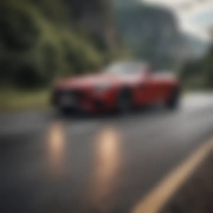 Dynamic driving scene featuring a Mercedes-Benz Cabriolet on a scenic road