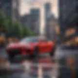 A sleek, modern car parked in an urban setting with a cityscape background.